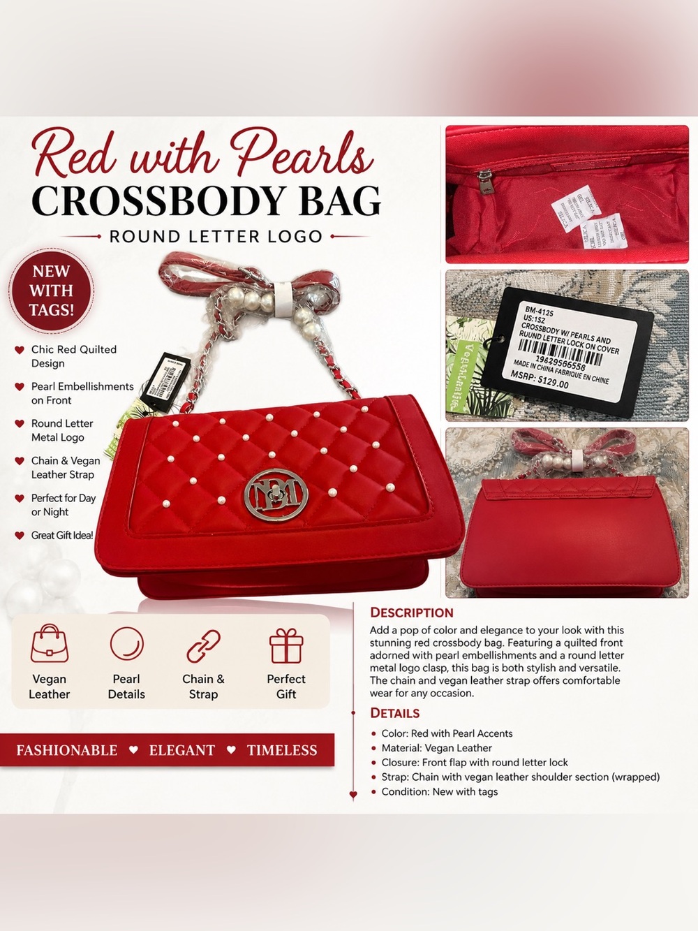 Badgley Mischka Red Quilted Crossbody Bag with Pearl Accents
